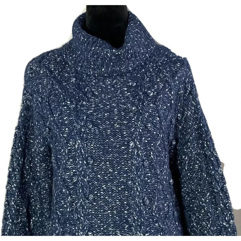 NEW Kate Spade Sweater M Heather Blue Turtleneck Chunky‎ Broome Wide Sl Oversize